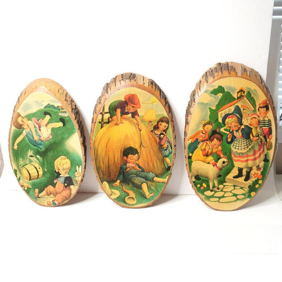 Vintage 3 Children's Nursery Rhymes on Wood Plaques with Tree‎ Bark Wall Art VTG - Picture 1 of 10